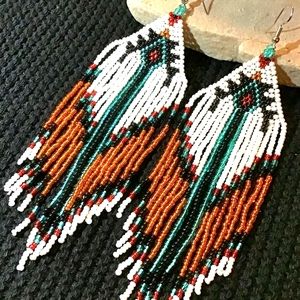 Aztec Southwestern Beaded Dangle handmade earrings Orange and Blue pairs
